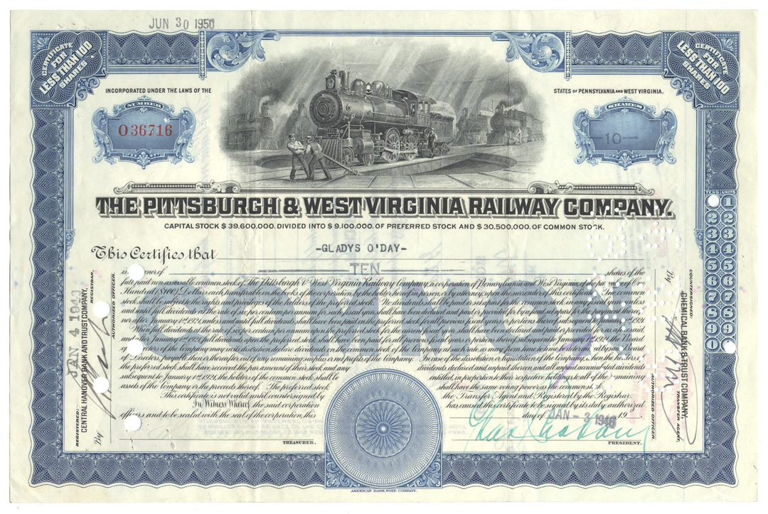 Pittsburgh & West Virginia Railway Company Stock Certificate