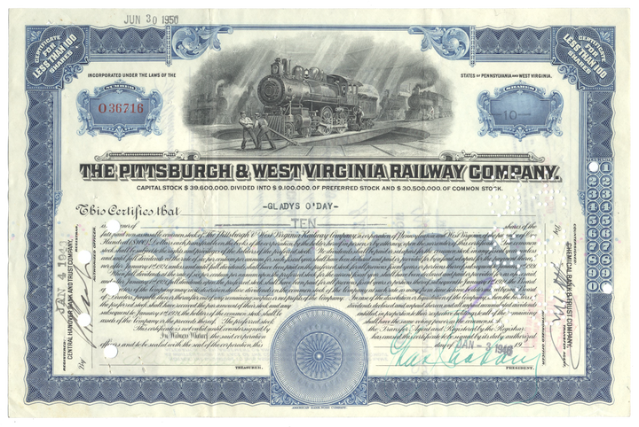 Pittsburgh & West Virginia Railway Company Stock Certificate