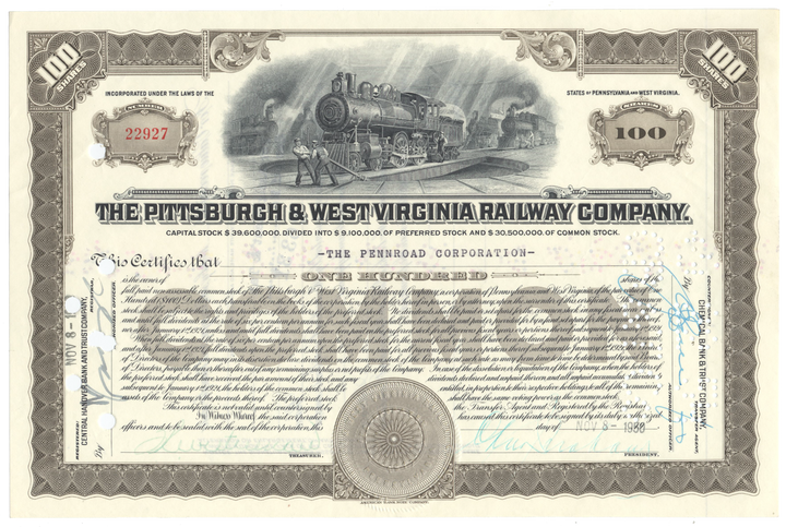 Pittsburgh & West Virginia Railway Company Stock Certificate