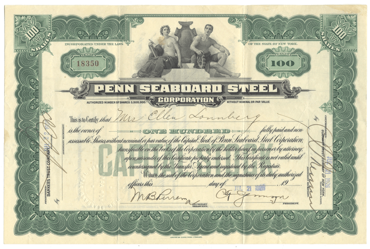 Vintage stock certificate for Penn Seaboard Steel Corporation with decorative border and figures.