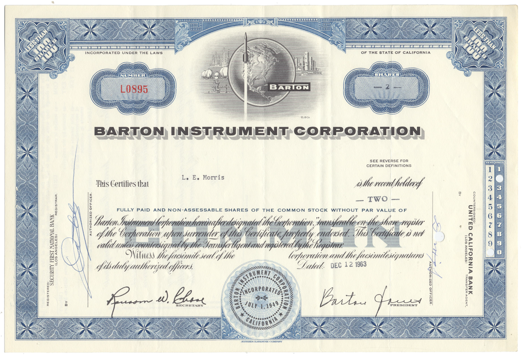 Barton Instrument Corporation Stock Certificate