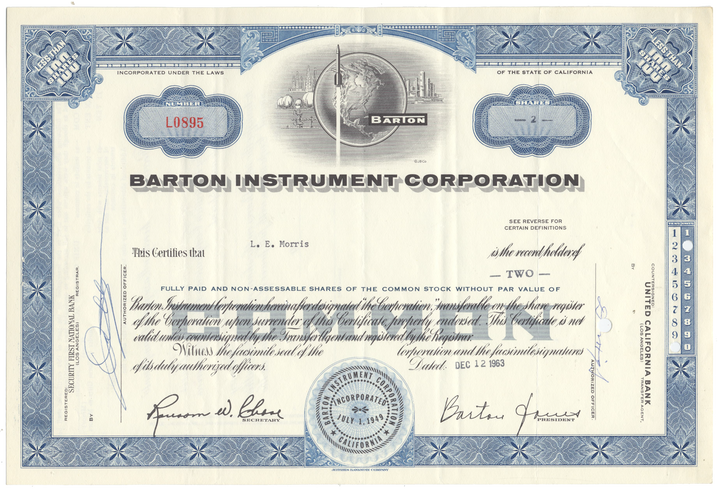 Barton Instrument Corporation Stock Certificate