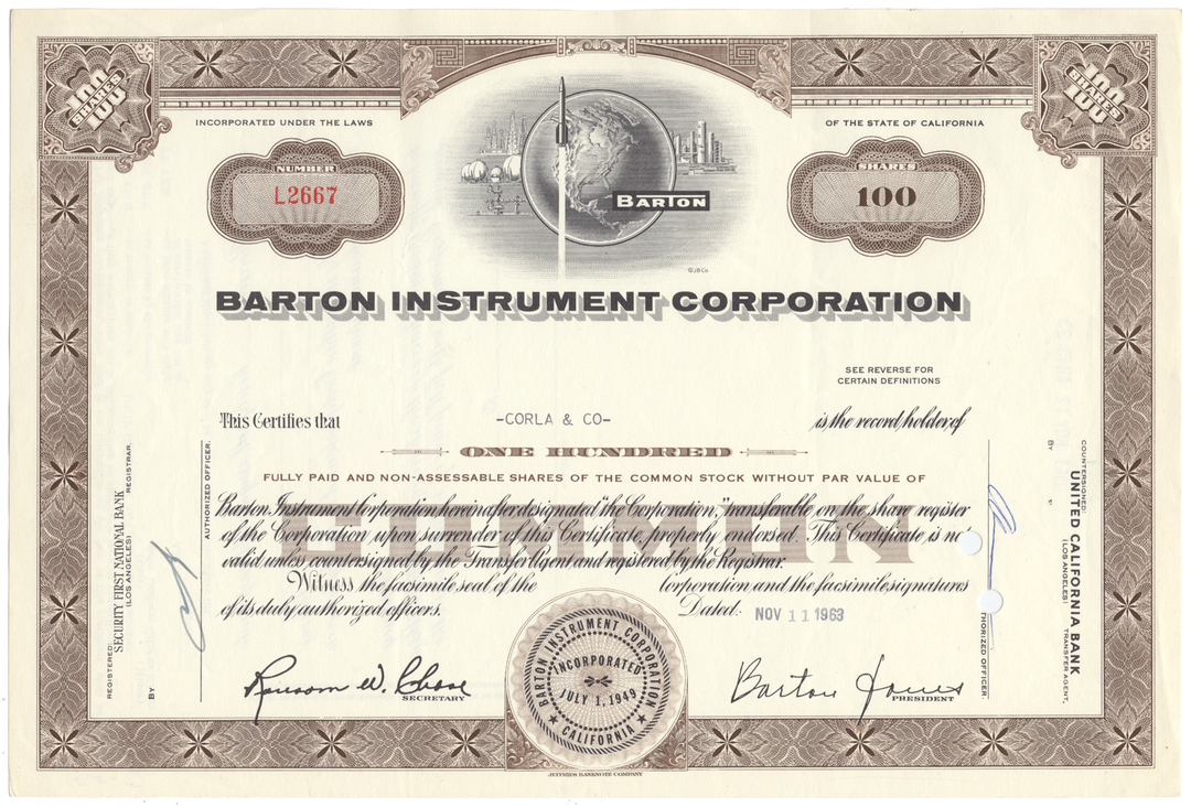 Barton Instrument Corporation Stock Certificate