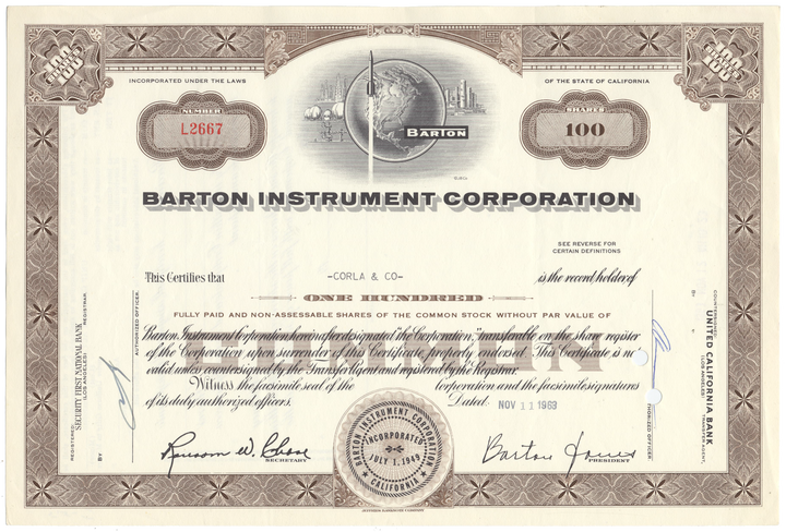 Barton Instrument Corporation Stock Certificate