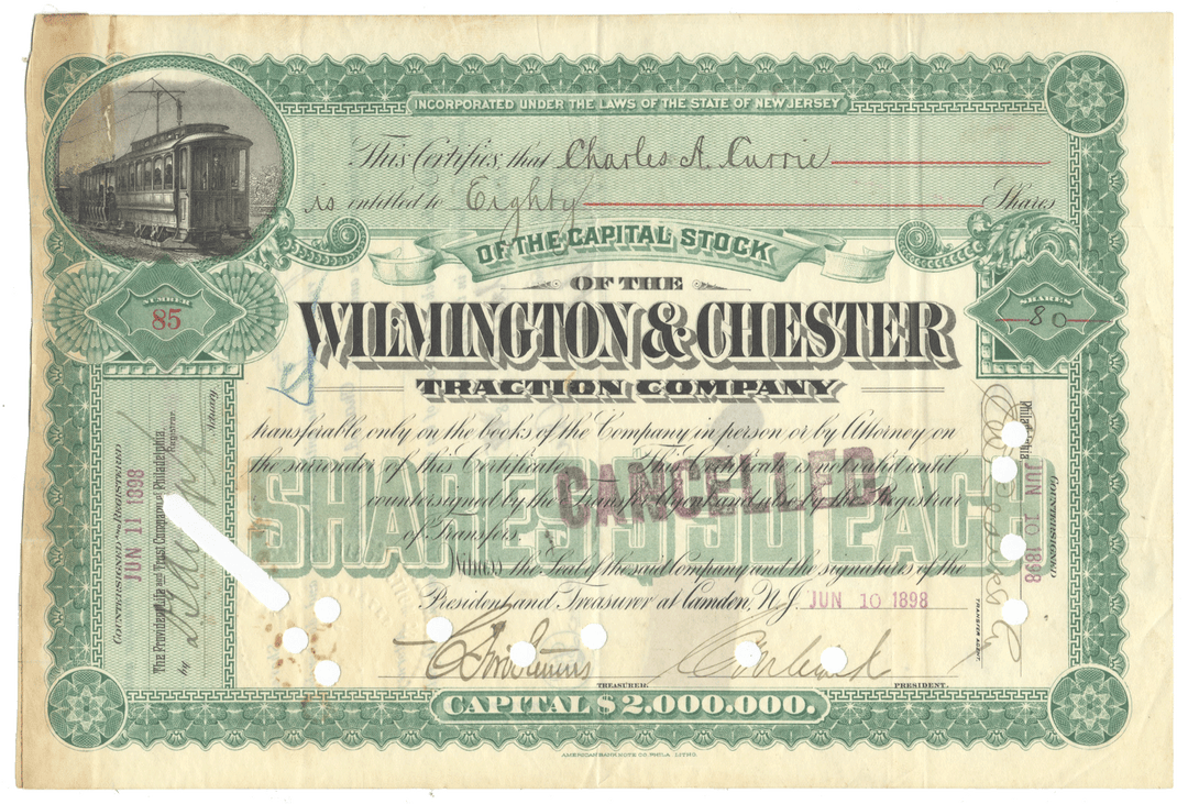 Vintage stock certificate for Wilmington & Chester Traction Company