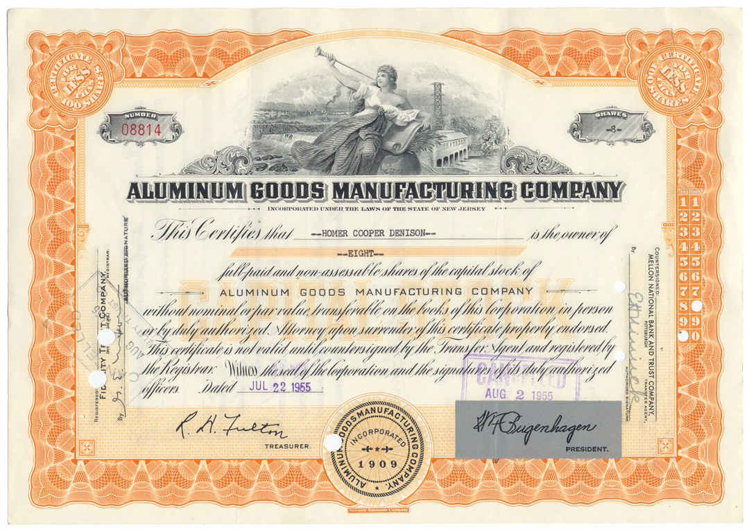 Aluminum Goods Manufacturing Company Stock Certificate