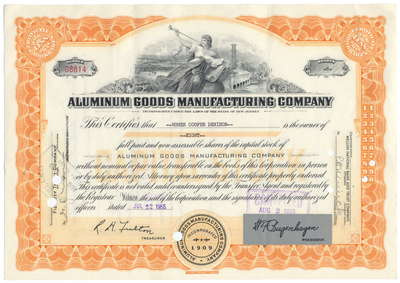 Aluminum Goods Manufacturing Company Stock Certificate
