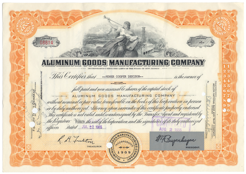 Aluminum Goods Manufacturing Company Stock Certificate