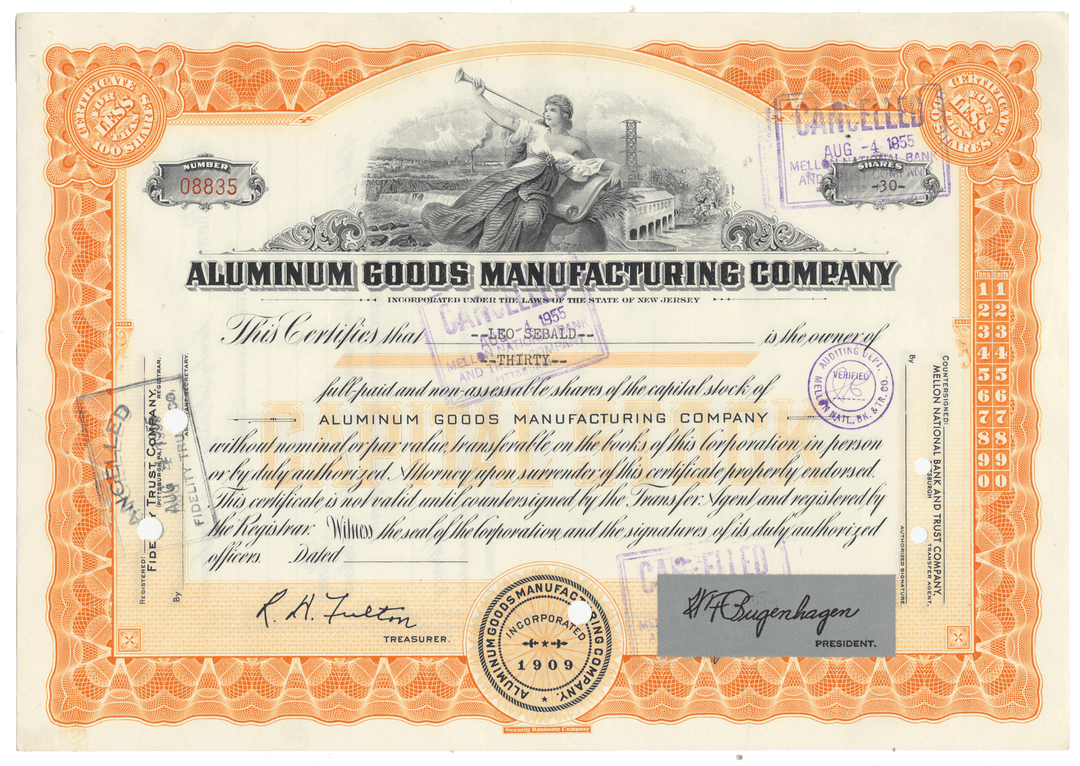 Aluminum Goods Manufacturing Company stock certificate from 1955