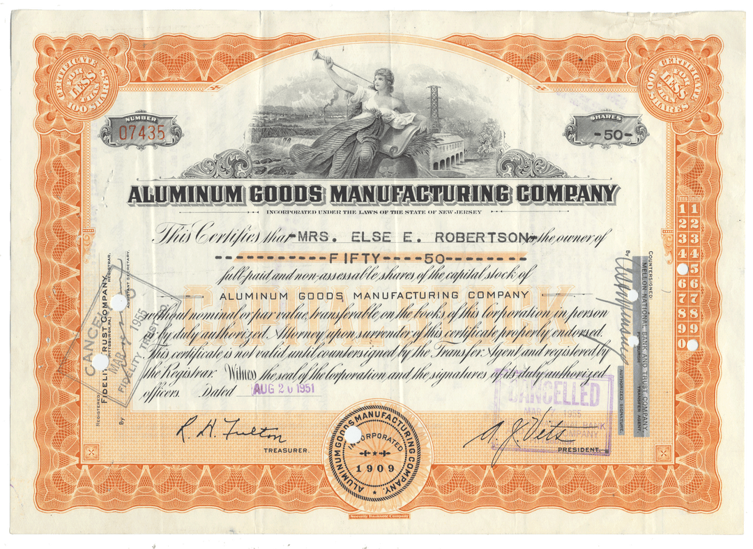 Aluminum Goods Manufacturing Company stock certificate with decorative elements and text ffrom 1951