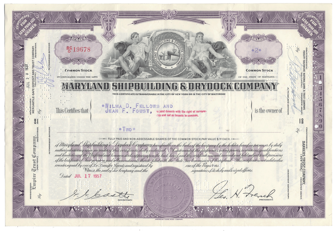 Maryland Shipbuilding & Drydock Company stock certificate with decorative elements and text.