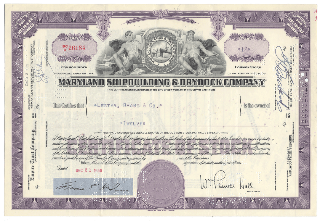 Maryland Shipbuilding & Drydock Company stock certificate from 1959