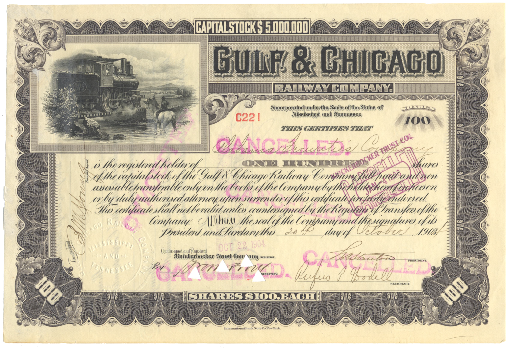 Gulf & Chicago Railway Company Stock Certificate