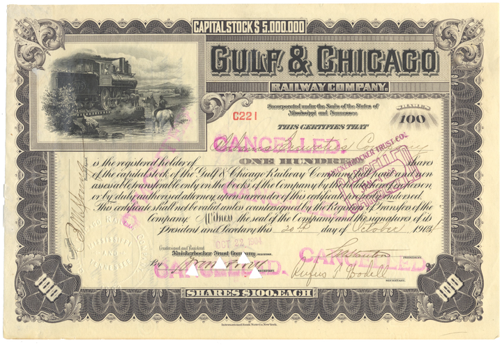 Gulf & Chicago Railway Company Stock Certificate