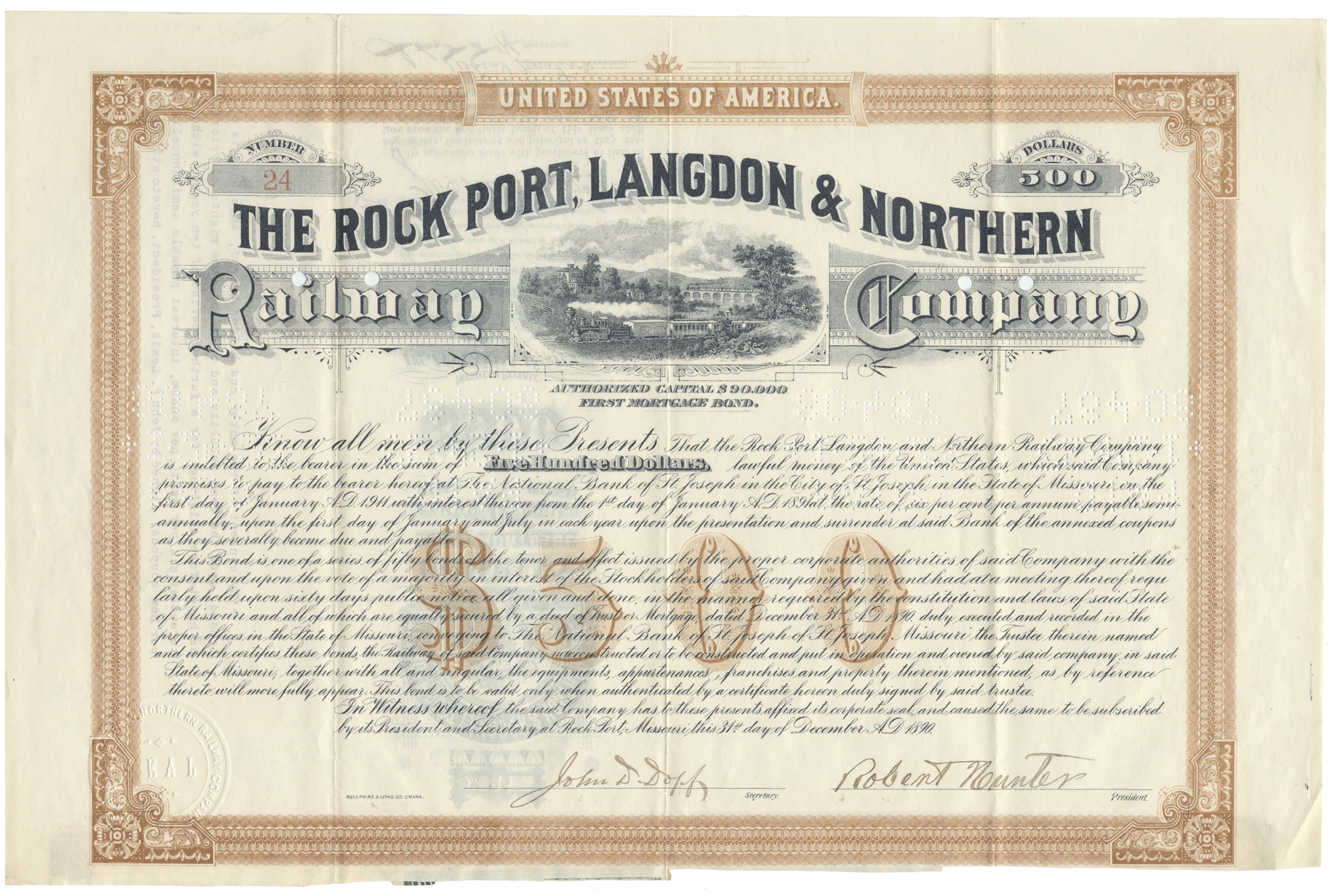 Vintage bond certificate for The Rock Port Langdon & Northern Railway Company from 1890