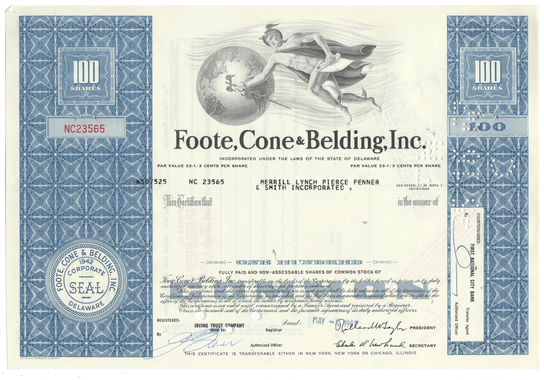Vintage stock certificate for Foote, Cone & Belding Inc. with decorative elements and text.