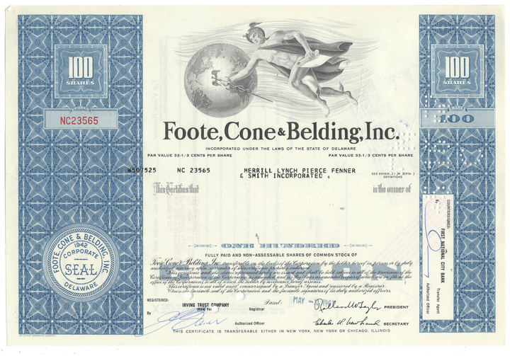 Vintage stock certificate for Foote, Cone & Belding Inc. with decorative elements and text.