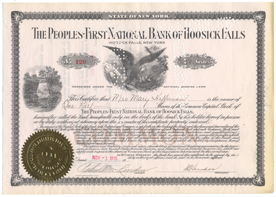 Peoples-First National Bank of Hoosick Falls Stock Certificate