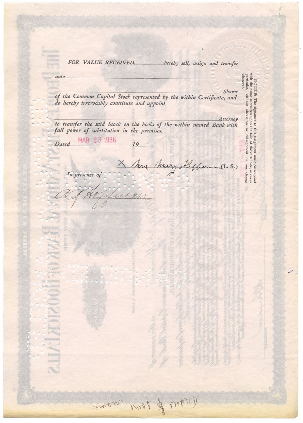 Peoples-First National Bank of Hoosick Falls Stock Certificate