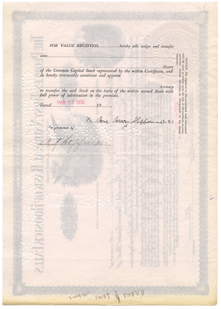 Peoples-First National Bank of Hoosick Falls Stock Certificate