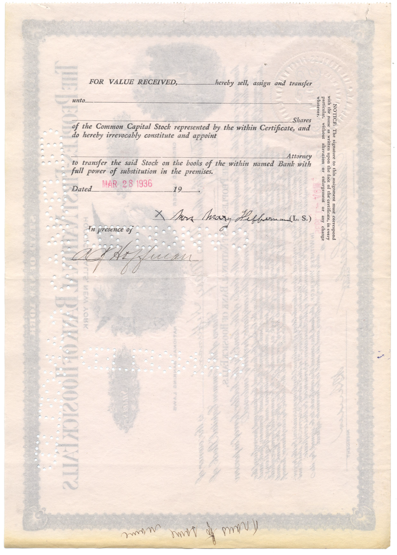 Peoples-First National Bank of Hoosick Falls Stock Certificate