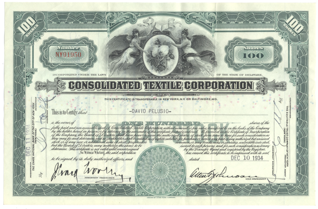 Consolidated Textiles Corporation Stock Certificate