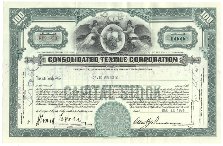 Consolidated Textiles Corporation Stock Certificate