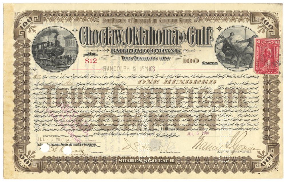 Historical Choctaw, Oklahoma & Gulf Railroad Company stock certificate with decorative border and text from 1900