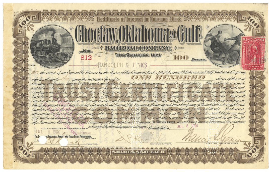 Historical Choctaw, Oklahoma & Gulf Railroad Company stock certificate with decorative border and text from 1900