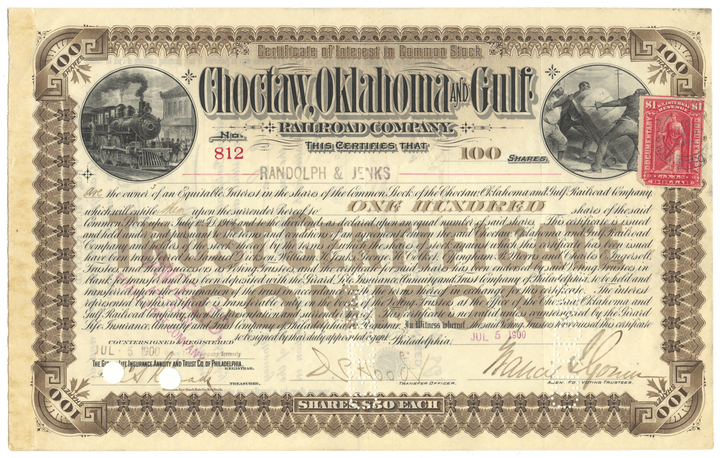 Historical Choctaw, Oklahoma & Gulf Railroad Company stock certificate with decorative border and text from 1900