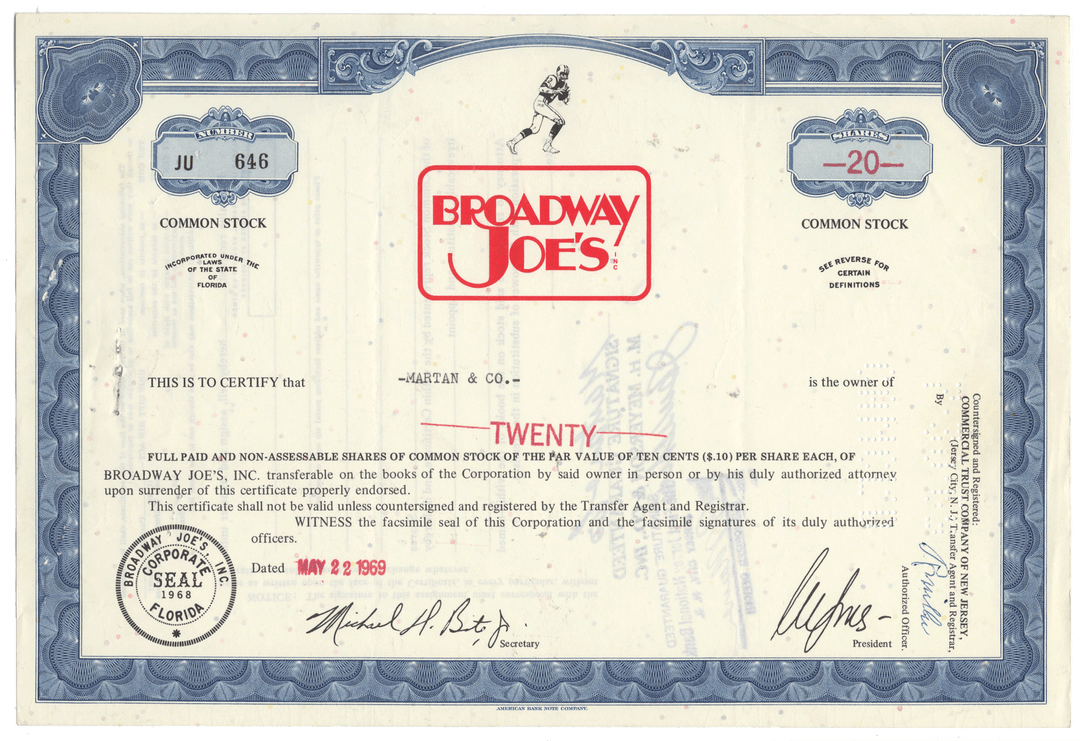 Broadway Joe's stock certificate with decorative elements and branding.