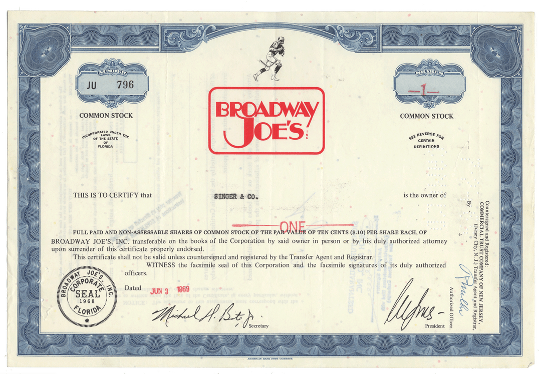 Broadway Joe's stock certificate with Joe Namath vignette and dated 1969
