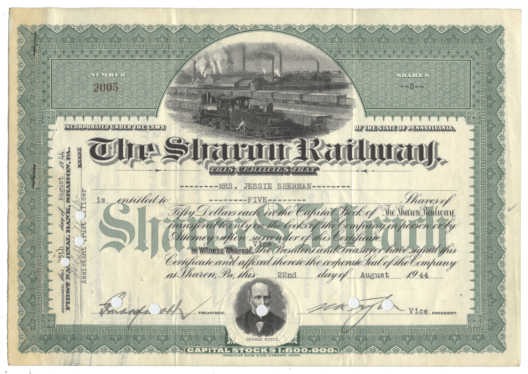 Sharon Railway stock certificate with steam locomotive illustration