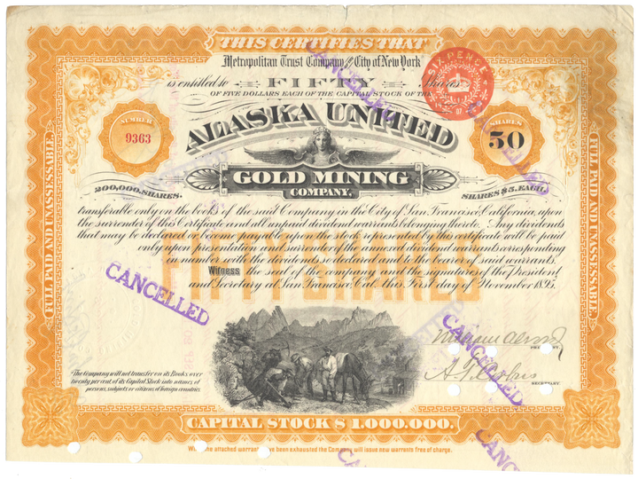 Alaska United Gold Mining Company Stock Certificate