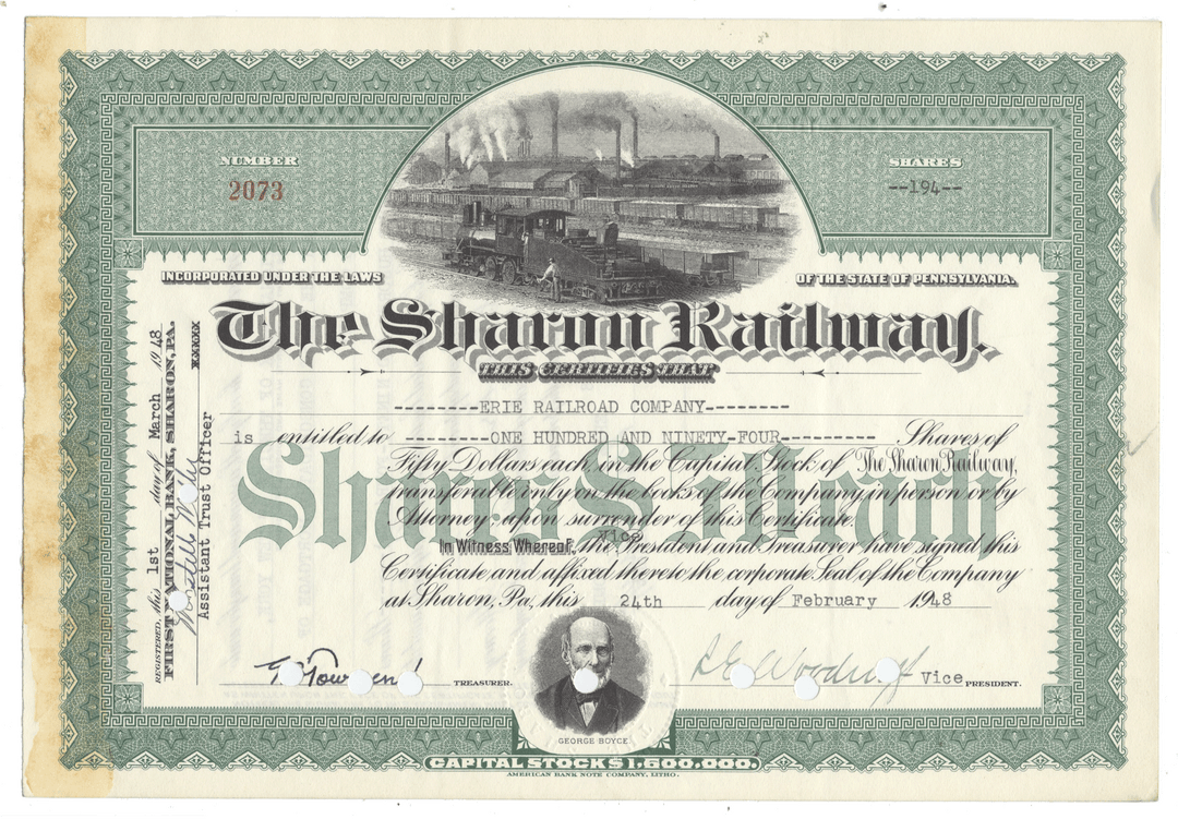 An antique stock certificate for The Sharon Railway Company, dated 1948