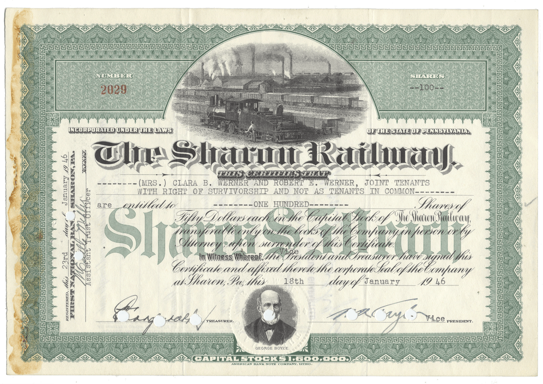 Sharon Railway stock certificate with historical design and text.