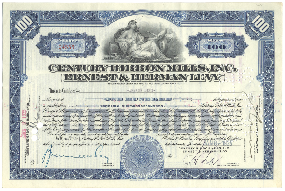 Century Ribbon Mills, Inc. (Ernest & Herman Levy) Stock Certificate