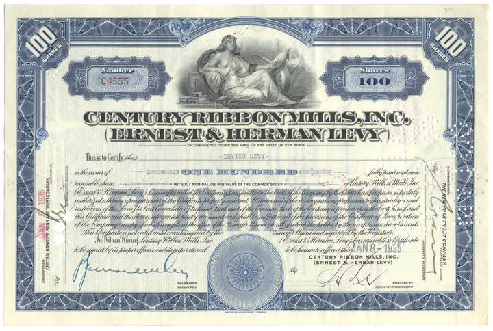 Century Ribbon Mills, Inc. (Ernest & Herman Levy) Stock Certificate