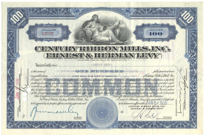 Century Ribbon Mills, Inc. (Ernest & Herman Levy) Stock Certificate