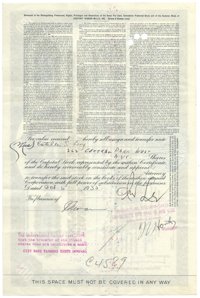 Century Ribbon Mills, Inc. (Ernest & Herman Levy) Stock Certificate
