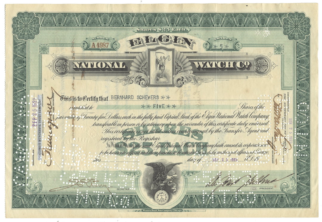 An antique Elgin National Watch Co. stock certificate dated 1923