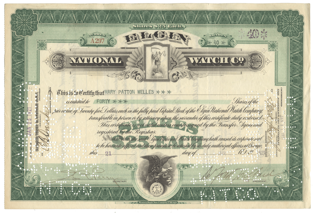 Vintage National Watch Company stock certificate with green and white design.