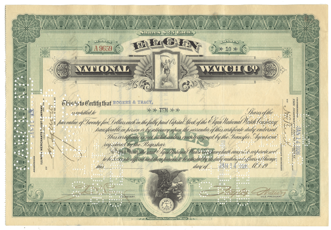 Vintage stock certificate for Elgin National Watch Co. with decorative elements.
