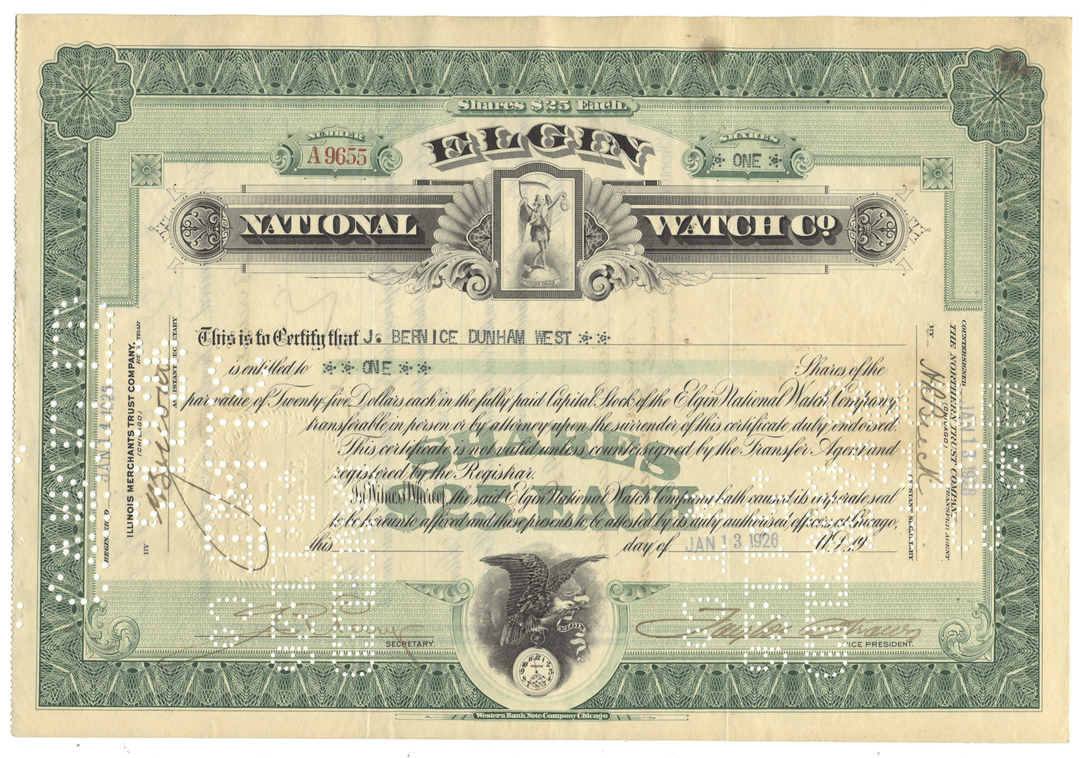 Vintage stock certificate for Elgin National Watch Company with decorative elements from 1926