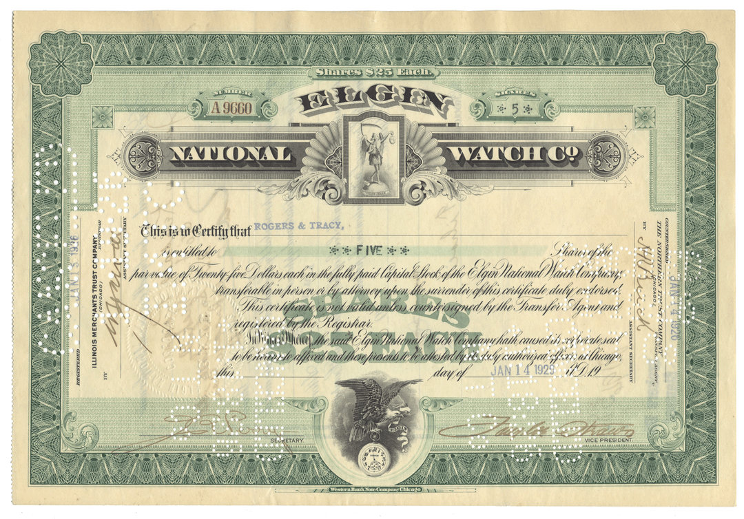 Elgin National Watch Company Stock Certificate