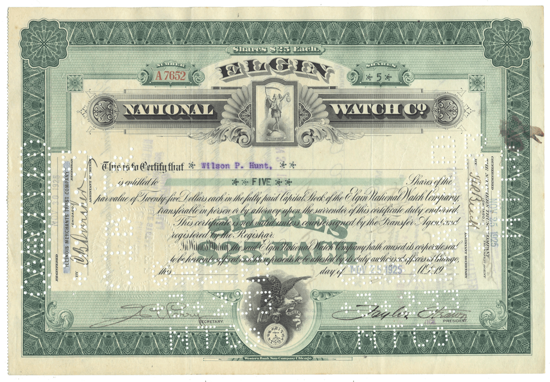 An antique Elgin National Watch Co. stock certificate from 1925