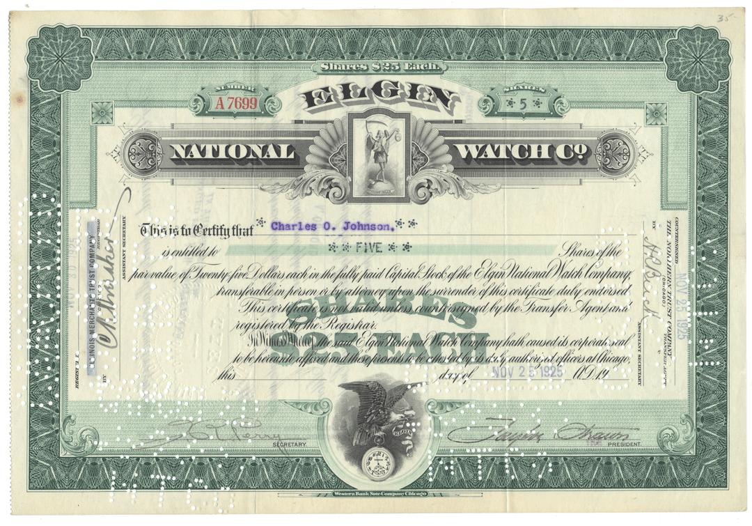 Elgin National Watch Company Stock Certificate