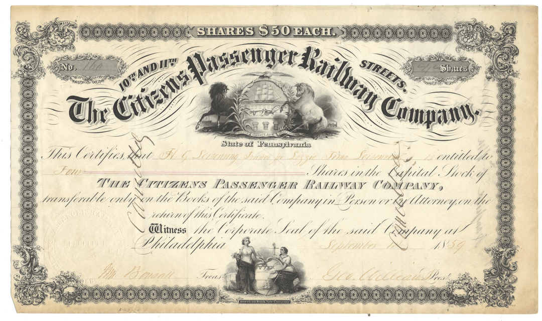 An antique stock certificate for The Citizens Passenger Railway Company, dated 1859