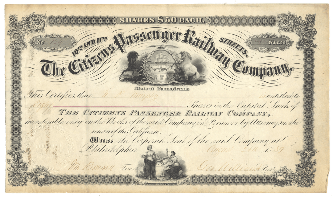 Citizens Passenger Railway Company stock certificate from 1859