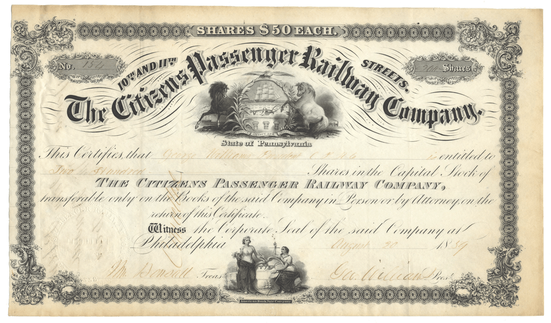 An antique stock certificate for The Citizens Passenger Railway Company from 1859